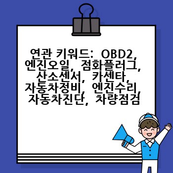 연관 키워드:  OBD2,  엔진오일,  점화플러그,  산소센서,  카센타,  자동차정비,  엔진수리,  자동차진단,  차량점검